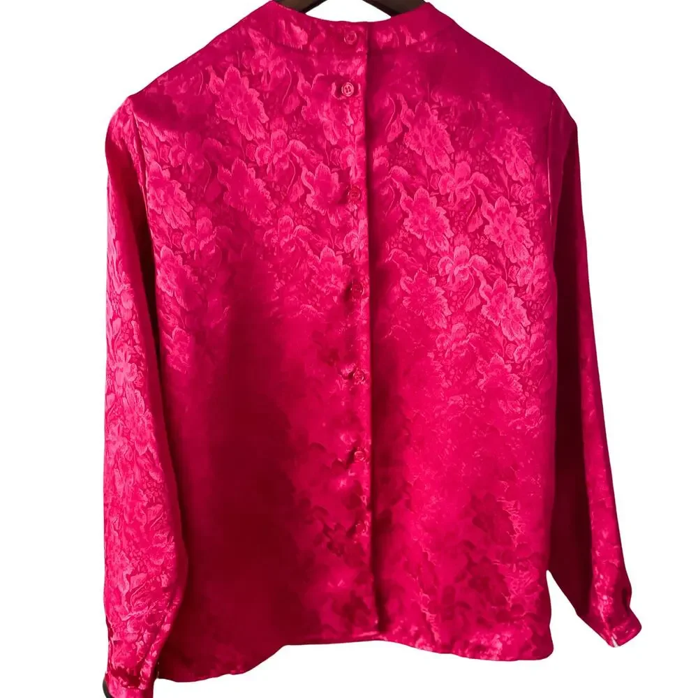 Laura Jean vintage Hot Pink Floral Embossed Back Button Secretary Blouse size 10